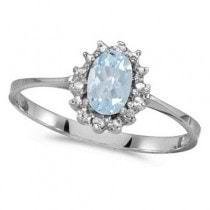 Aquamarine & Diamond Right Hand Flower Shaped Ring 14k White Gold