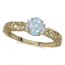 Oval Aquamarine & Diamond Filigree Antique Style Ring 14k Yellow Gold