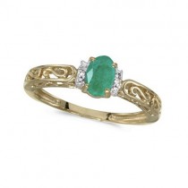Oval Emerald & Diamond Filigree Antique Style Ring 14k Yellow Gold
