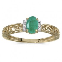 Oval Emerald & Diamond Filigree Antique Style Ring 14k Yellow Gold
