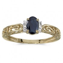 Blue Sapphire & Diamond Filigree Antique Style Ring 14k Yellow Gold