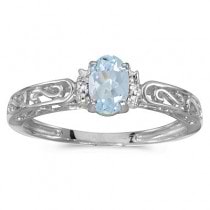 Oval Aquamarine & Diamond Filigree Antique Style Ring 14k White Gold