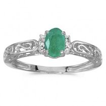 Oval Emerald & Diamond Filigree Antique Style Ring 14k White Gold
