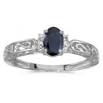 Blue Sapphire & Diamond Filigree Antique Style Ring 14k White Gold
