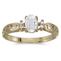 White Topaz and Diamond Filagree Ring Antique Style 14k Yellow Gold