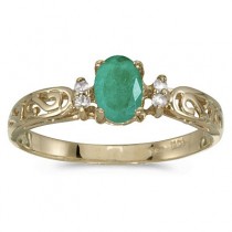 Emerald and Diamond Filigree Ring Antique Style 14k Yellow Gold