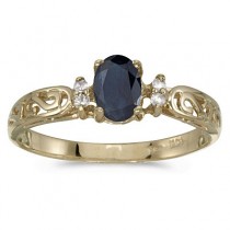 Blue Sapphire and Diamond Filigree Ring Antique Style 14k Yellow Gold