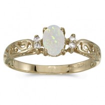 Opal and Diamond Filigree Ring Antique Style 14k Yellow Gold