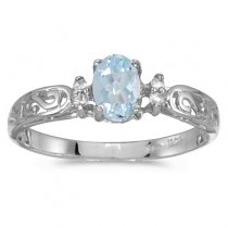 Aquamarine and Diamond Filagree Ring Antique Style 14k White Gold
