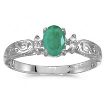 Emerald and Diamond Filagree Ring Antique Style 14k White Gold