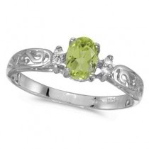 Peridot and Diamond Filagree Ring Antique Style 14k White Gold
