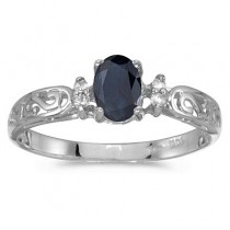 Blue Sapphire and Diamond Filagree Ring Antique Style 14k White Gold