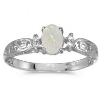 Opal and Diamond Filagree Ring Antique Style 14k White Gold
