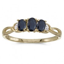Oval Blue Sapphire & Diamond Three Stone Ring 14k Yellow Gold (0.65ct)