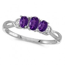 Oval Amethyst and Diamond Three Stone Ring 14k White Gold (0.53ctw)