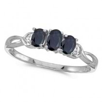 Oval Blue Sapphire & Diamond Three Stone Ring 14k White Gold (0.65ct)