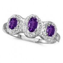 0.53tcw Oval Amethyst and Diamond Three Stone Ring 14k White Gold