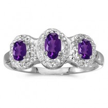 0.53tcw Oval Amethyst and Diamond Three Stone Ring 14k White Gold