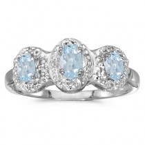 0.50tcw Oval Aquamarine and Diamond Three Stone Ring 14k White Gold
