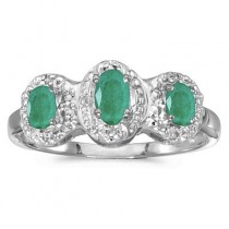 0.65tcw Oval Emerald and Diamond Three Stone Ring 14k White Gold