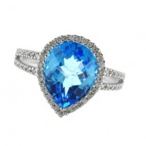 Pear Shaped Blue Topaz and Diamond Cocktail Ring 14k White Gold