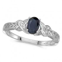 Blue Sapphire & Diamond Antique Style Ring 14K White Gold (0.55ct)