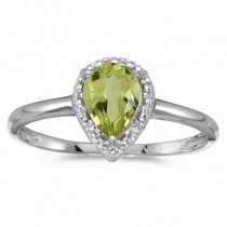 Pear Shape Peridot and Diamond Cocktail Ring 14k White Gold