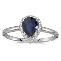 Pear Shape Blue Sapphire and Diamond Cocktail Ring 14k White Gold