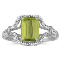 Emerald-Cut Peridot & Diamond Cocktail Ring 14k White Gold