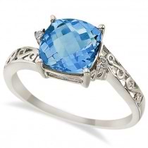 Blue Topaz & Diamond Filigree Vintage Ring 14k White Gold (3.02ct)