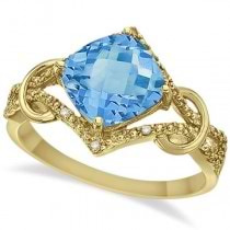 Cushion Blue Topaz & Diamond Right-Hand Ring 14k Yellow Gold (4.05ct)