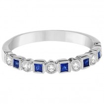 Princess Cut Blue Sapphire & Diamond Ring Band 14k White Gold (0.40ct)