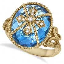 Blue Topaz & Diamond Byzantine Cocktail Ring 14k Yellow Gold (14.61ct)