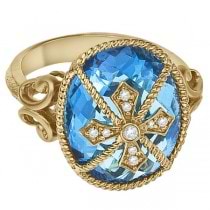 Blue Topaz & Diamond Byzantine Cocktail Ring 14k Yellow Gold (14.61ct)