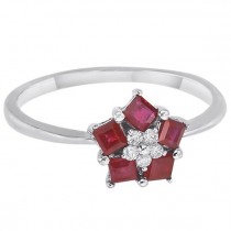 Princess-Cut Ruby & Diamond Flower Ring 14k White Gold (0.45ct)