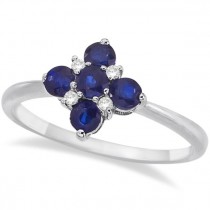 Diamond & Blue Sapphire Flower Shaped Ring 14k White Gold (0.55ct)