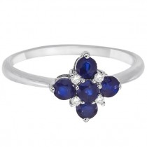 Diamond & Blue Sapphire Flower Shaped Ring 14k White Gold (0.55ct)