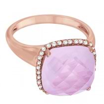 Cushion Rose Quartz & Diamond Cocktail Ring 14k Pink Gold (6.18ct)