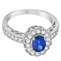 Halo Diamond and Blue Sapphire Engagement Ring 14K White Gold (1.46ct)