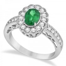 Halo Diamond and Emerald Engagement Ring 14K White Gold (1.44ct)