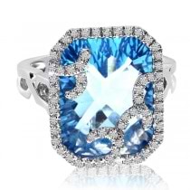 Cushion Cut Blue Topaz & Diamond Halo Ring in 14k White Gold (11.92ct)