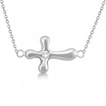Rounded Sideways Diamond Cross Pendant Necklace 14k White Gold .05ct