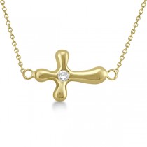 Rounded Sideways Diamond Cross Pendant Necklace 14k Yellow Gold .05ct