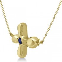 Rounded Sideways Blue Sapphire Cross Pendant 14k Yellow Gold (0.08ct)