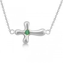 Rounded Sideways Emerald Cross Pendant Necklace 14k White Gold .06ct