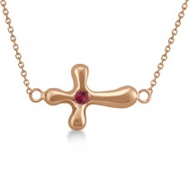 Rounded Sideways Ruby Cross Pendant Necklace 14k Rose Gold .07ct