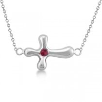 Rounded Sideways Ruby Cross Pendant Necklace 14k White Gold .07ct
