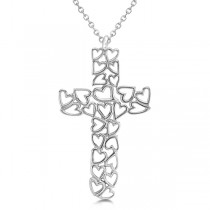 Carved Open Heart Shaped Cross Pendant Necklace 14k White Gold