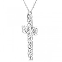 Carved Open Heart Shaped Cross Pendant Necklace 14k White Gold