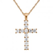 Prong-Set Diamond Cross Pendant Necklace 14k Rose Gold (0.55ct)